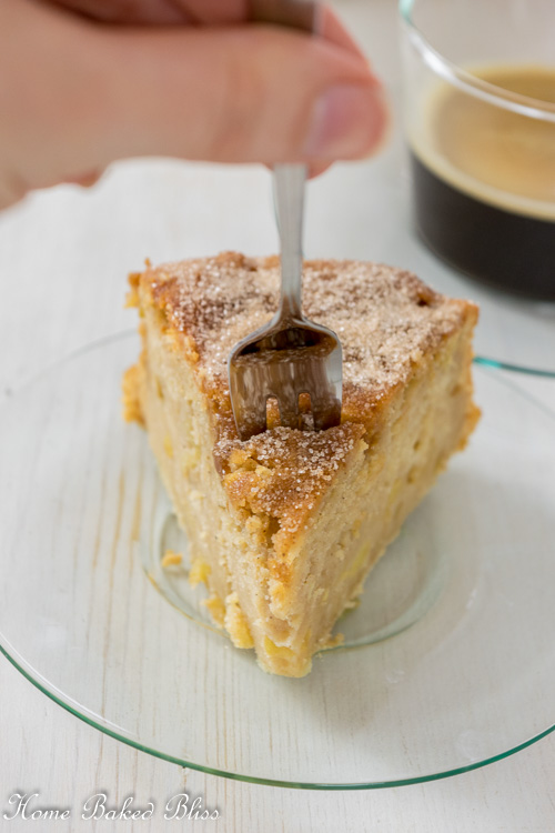 A fork stuck into a slice of cinnamon apple cake.