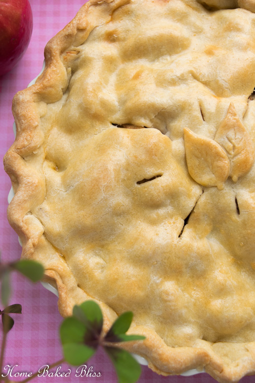 Gluten free apple pie decorated with leaves.