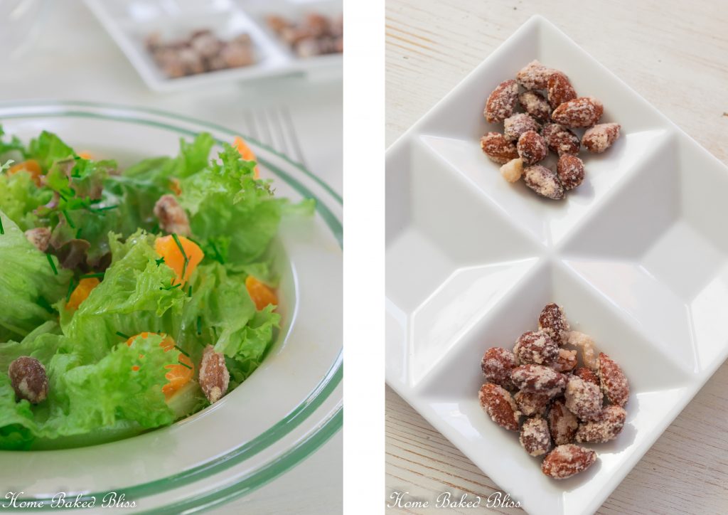overview of salad and caramelized almonds 