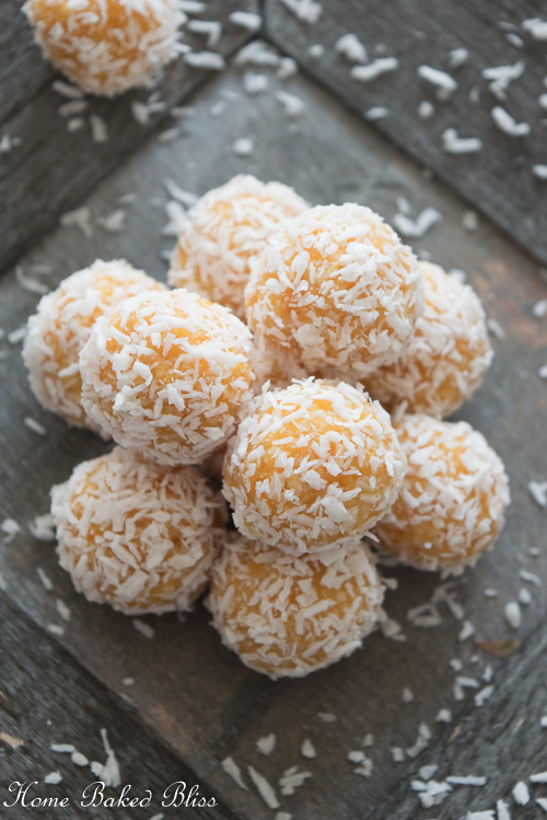 Apricot Coconut Bites on a wooden plate