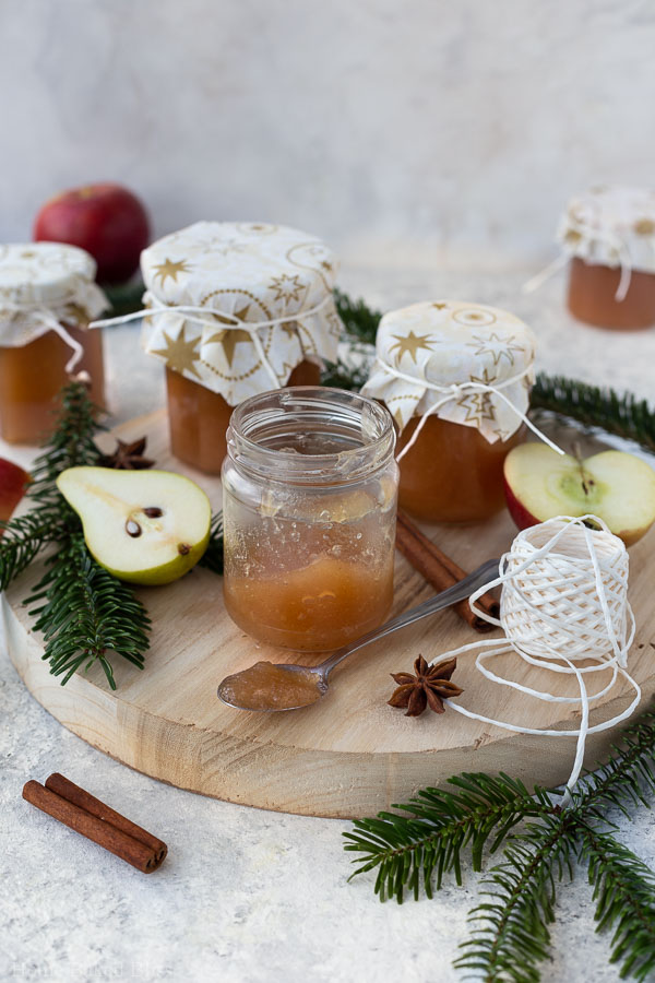 apple pear jam in Christmas decorated jars