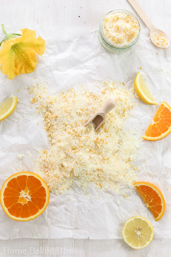 DIY citrus bath salt on white parchment paper