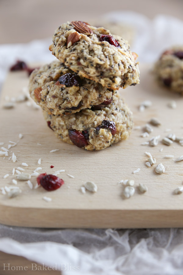 A tower of breakfast cookies with cranberries and coconut.