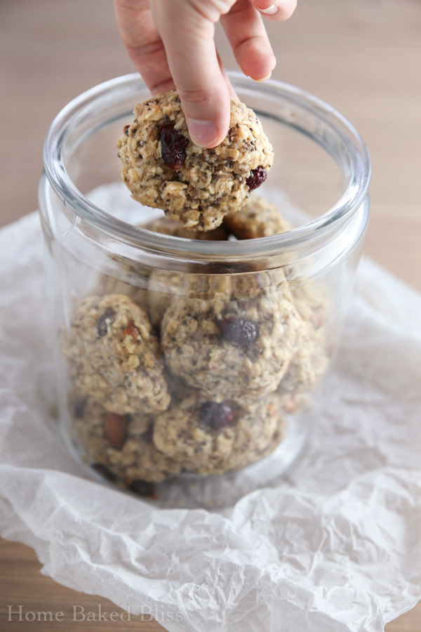 A cookie jar filled with breakfast cookies.