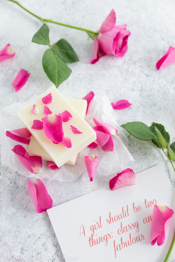 Easy diy rose lotion bars that are incredibly hydrating and suited for sensitive skin. Made with Shea butter and rose essential oil. Makes a gorgeous gift!