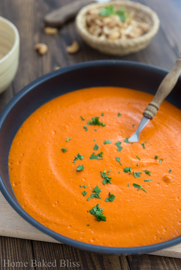 Thick and creamy roasted red bell pepper sauce sprinkled with parsley.