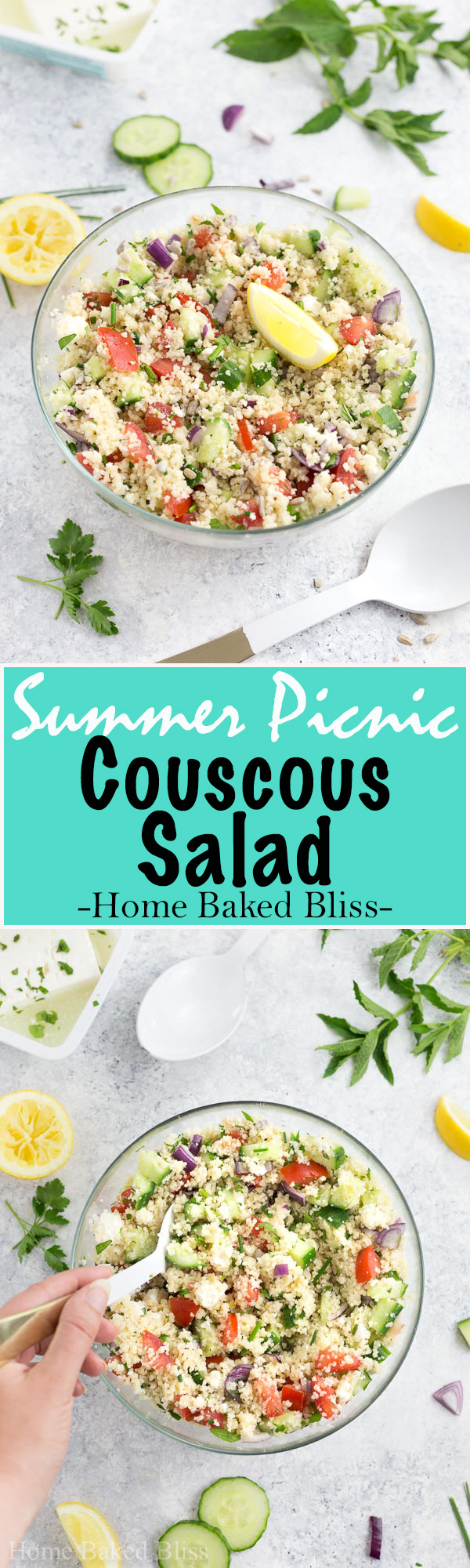 A colourful and flavourful summer inspired couscous salad with tomatoes, cucumbers, onions, and feta cheese. Seasoned with fresh herbs. The perfect recipe for a picnic!