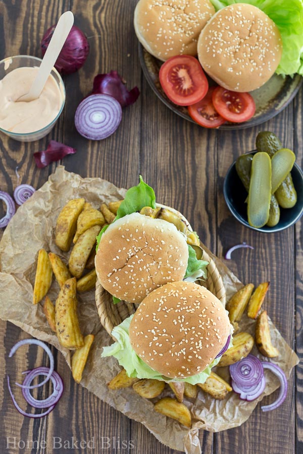 The best vegetarian burgers ever! Made with red bean patties and a homemade burger sauce. 