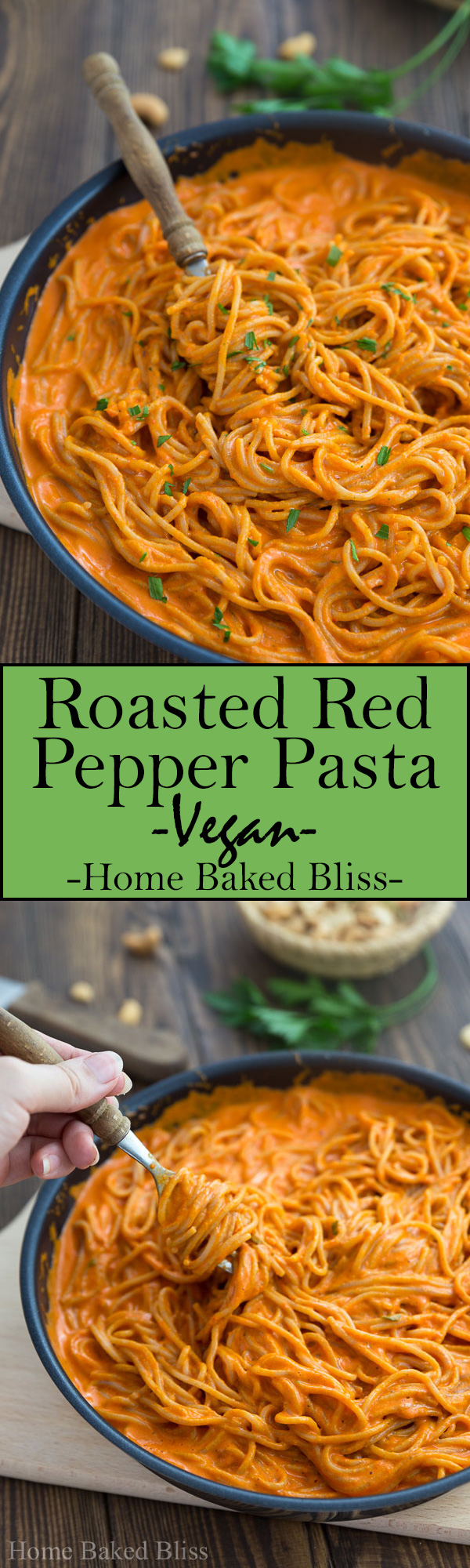 This roasted red bell pepper pasta is a quick and healthy vegan dinner you can make in a little over 30 minutes. #vegan #pasta #dinner #healthy | homebakedbliss.com