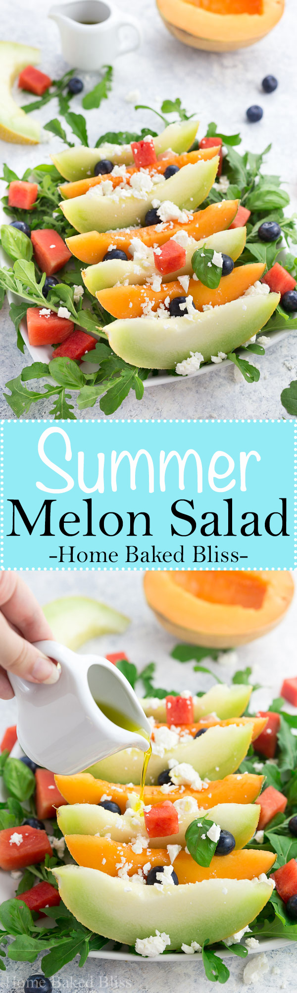 A light and refreshing summer melon salad composed of cantaloupe, honeydew and watermelon. Topped off with feta cheese and olive oil this salad makes a wonderful salty and sweet side dish for bbqs, parties and get-togethers. #summerrecipe #melonsalad #summersalad #melon | homebakedbliss.com