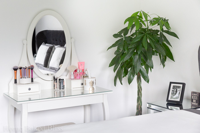 White vanity area next to a large plant.