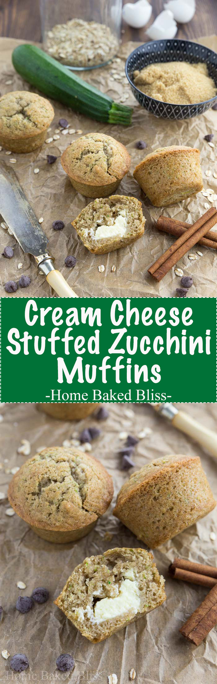 Cream cheese stuffed zucchini muffins next to a green zucchini and a butter knife