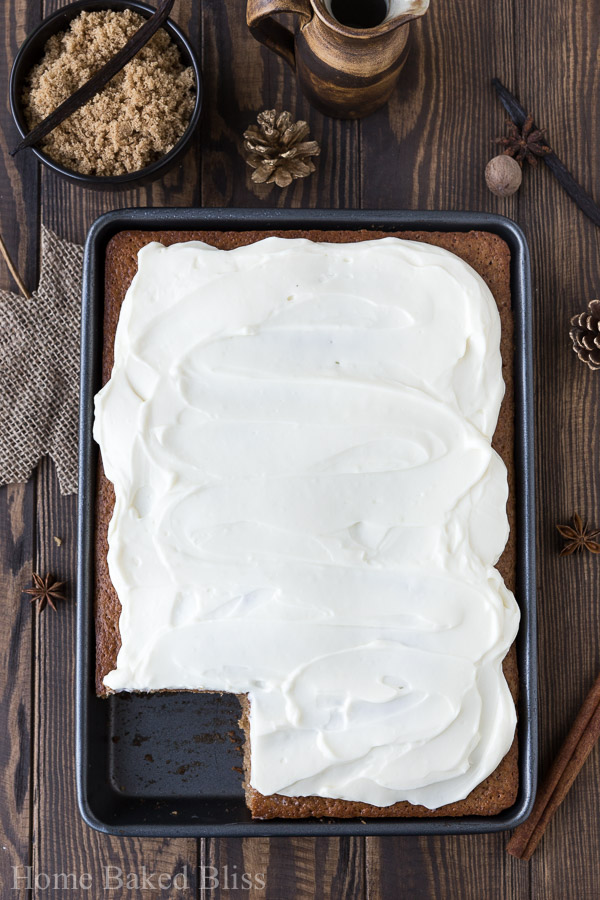 A frosted spice sheet cake with cream cheese frosting.