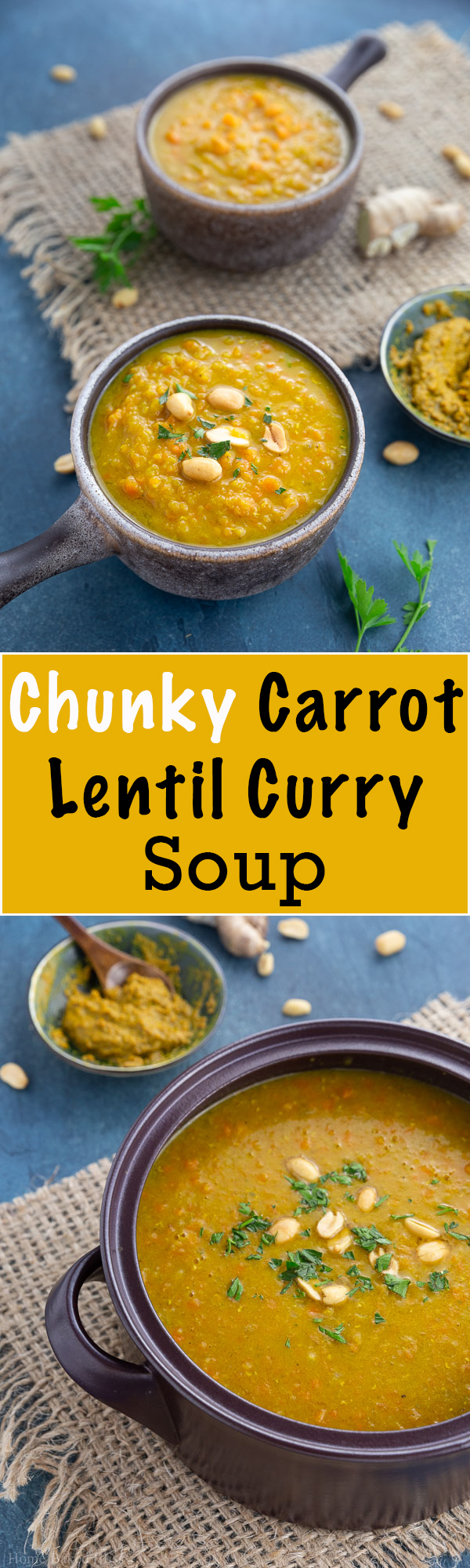 Two brown bowls with chunky carrot lentil curry soup.