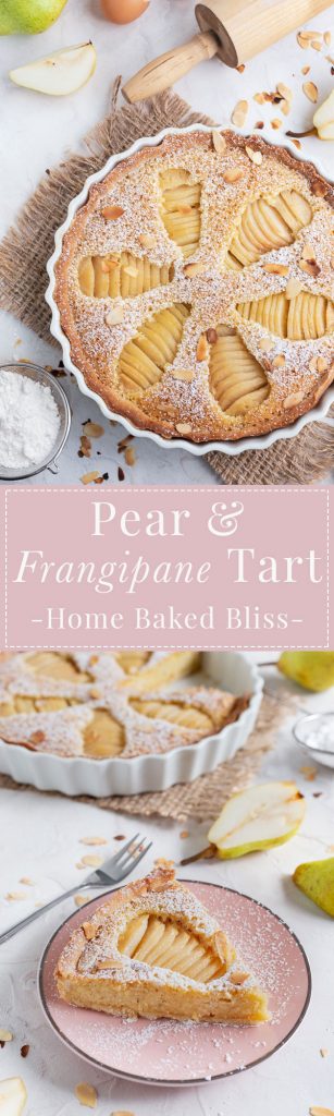 Pear Frangipane Tart sprinkled with powdered sugar and garnished with toasted sliced almonds