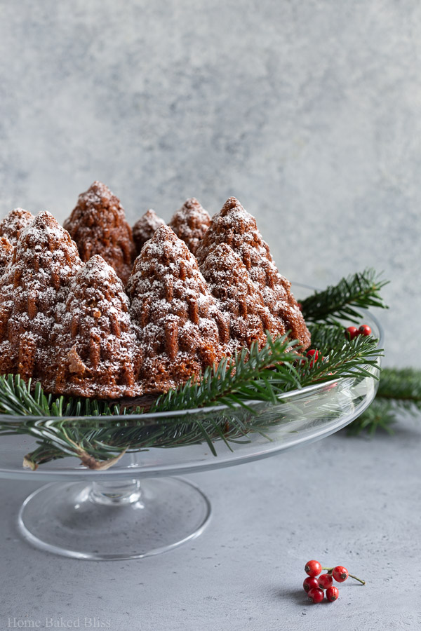 Gingerbread bundt cake on glass cake stand, dusted with powdered sugar
