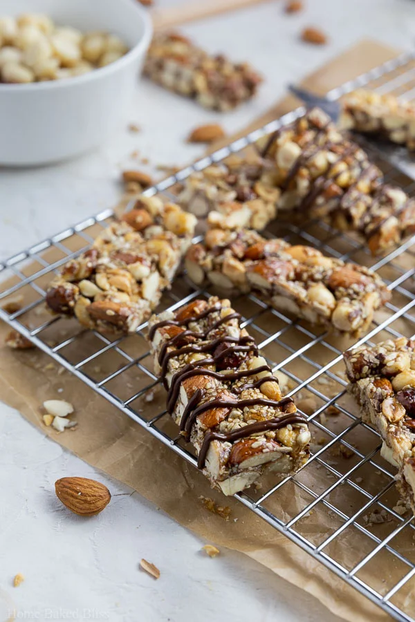 Closeup of honey nut bars drizzled with chocolate