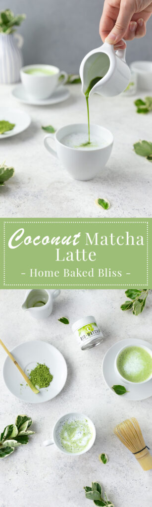 Coconut matcha latte with matcha powder on plate