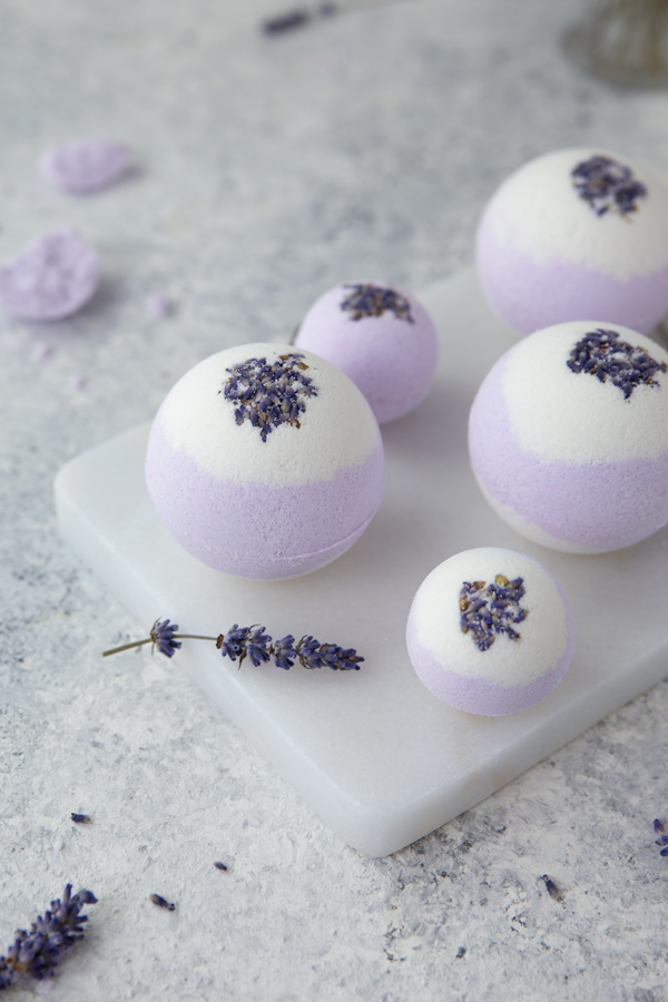 Lavender bath bombs decorated with dried lavender buds
