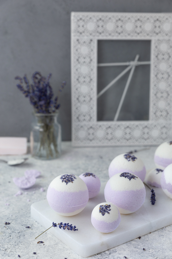 Lavender bath bombs on white background
