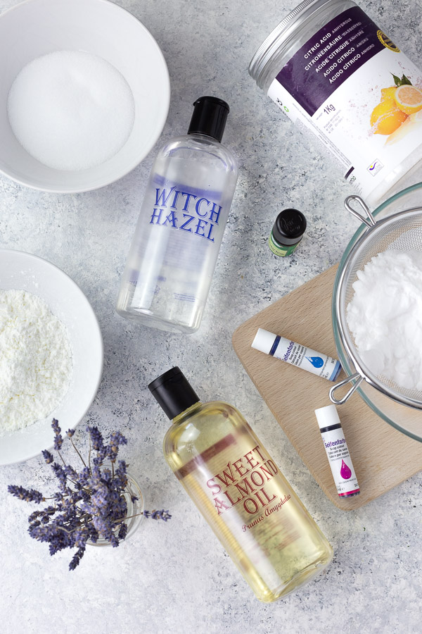 Ingredients needed for the lavender bath bombs