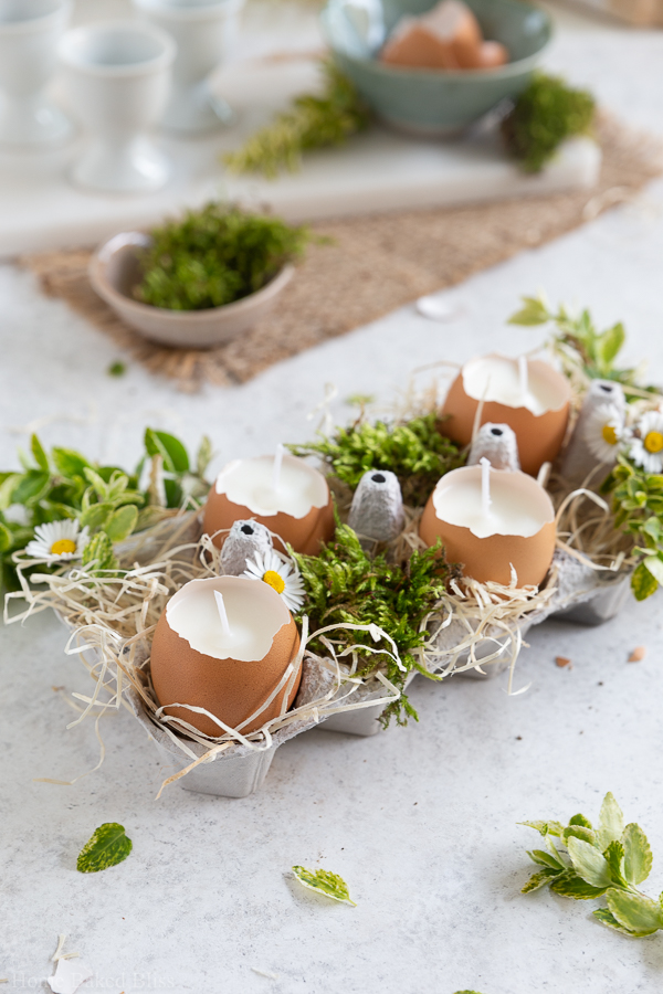 DIY Osterkerzen aus Eierschalen im Eierkarton verziert mit Moos
