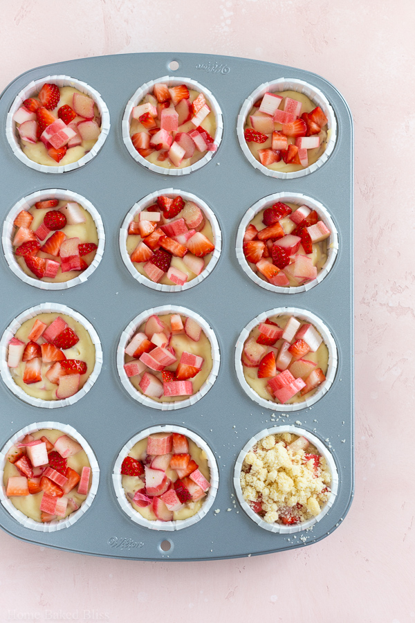 Strawberry Rhubarb Streusel Muffins before baking in muffin tin