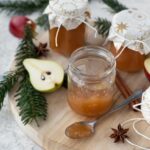 apple pear jam on wooden board