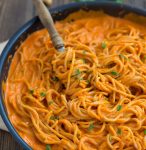 Thick and creamy roasted red bell pepper sauce with noodles. A delicious, quick and healthy vegan dinner.