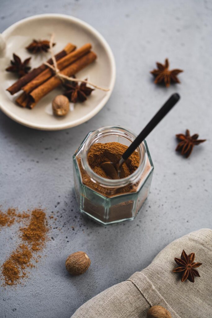 Homemade chai spice mix in a small glass jar