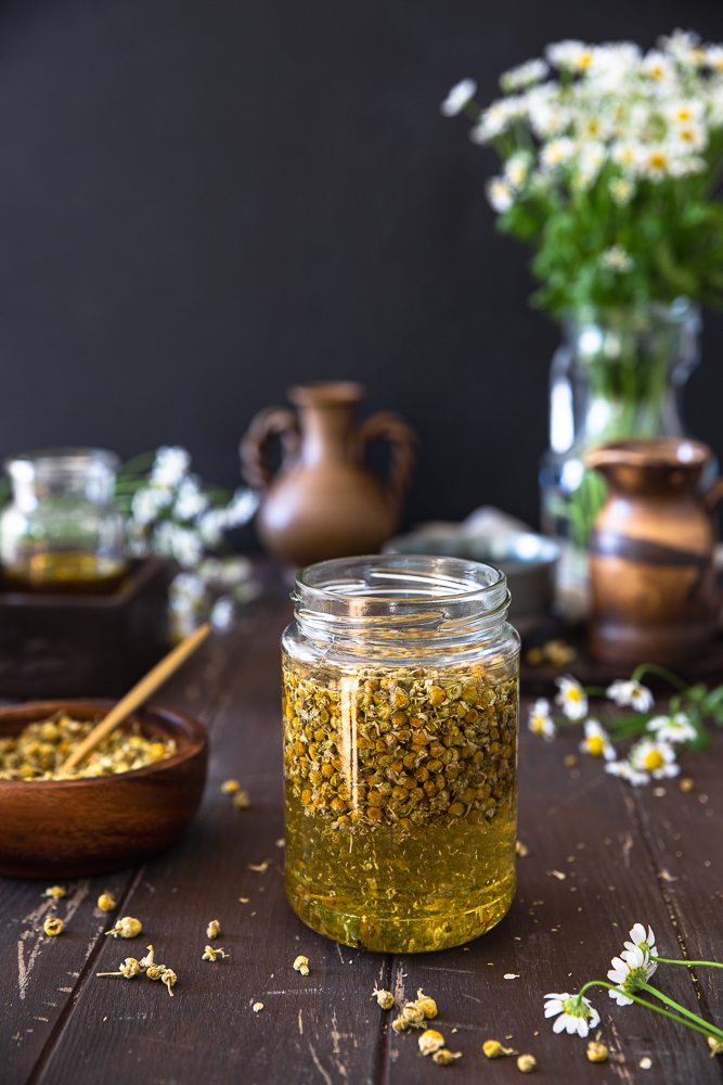 DIY Chamomile Body Oil in an upcycled jar