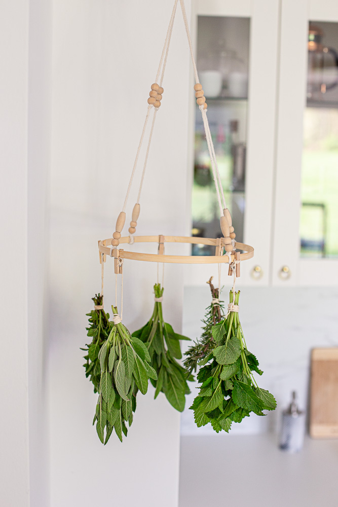 DIY Herb Drying Rack ith wooden hoop and beads